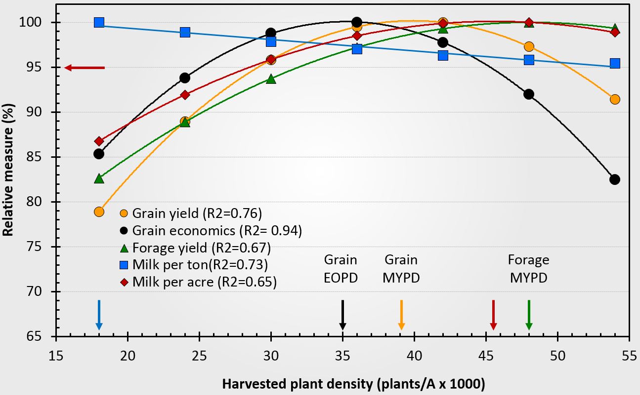 Relationship between corn plant density and grain maximum yield, grain economic optimum, forage yield, Milk/Ton, and Milk/Acre.