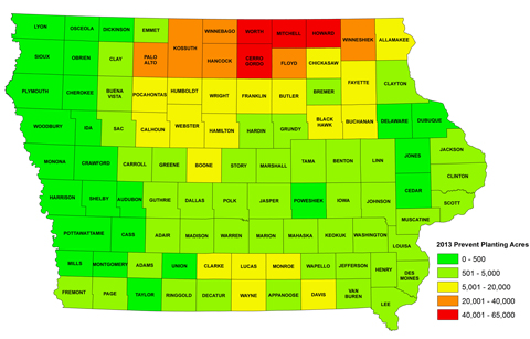 Prevented planting acres in Iowa, by county.